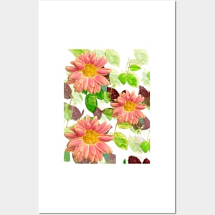 Flowers pattern with daisies and leaves - natural botanical paradise Posters and Art